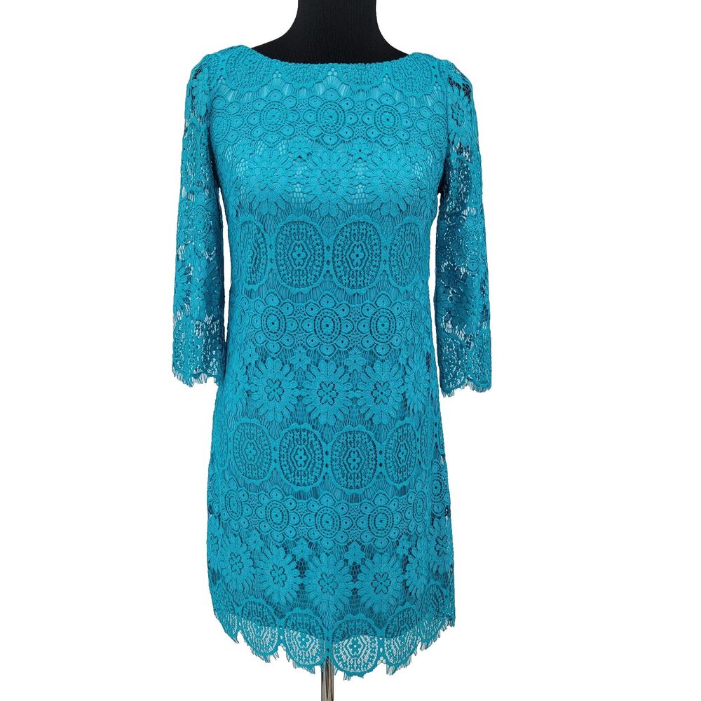 Jessica Howard Womens 6P Teal Lace Lined 3/4 Sleeve Sheath Dress